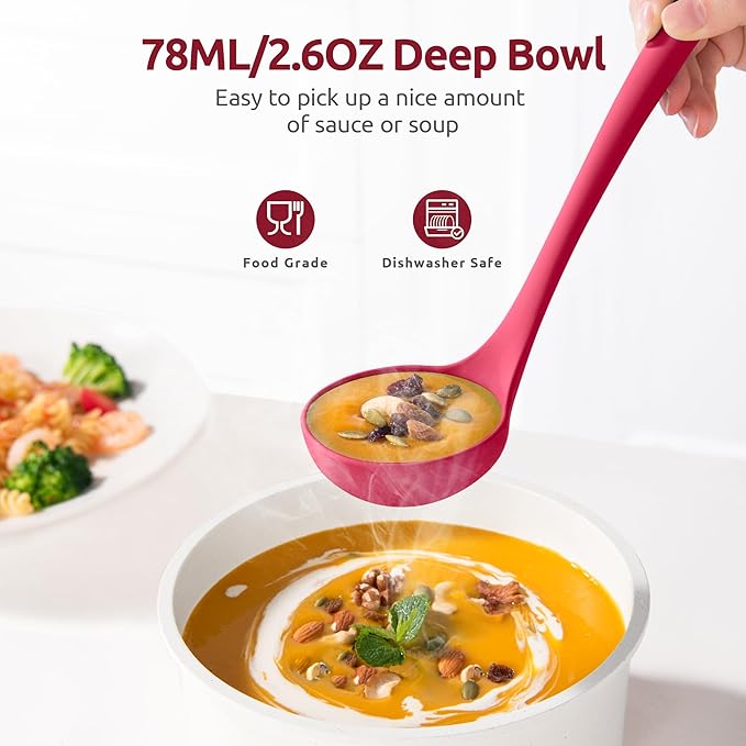 2.6oz Small Silicone Soup Ladle: U-Taste 600ºF Heat Resistant Non-Stick Kitchen Deep Serving Spoon, Soft Cooking Utensil with Non-Slip Solid Handle for Mixing Sauce Stew Gravy (11in, Red)