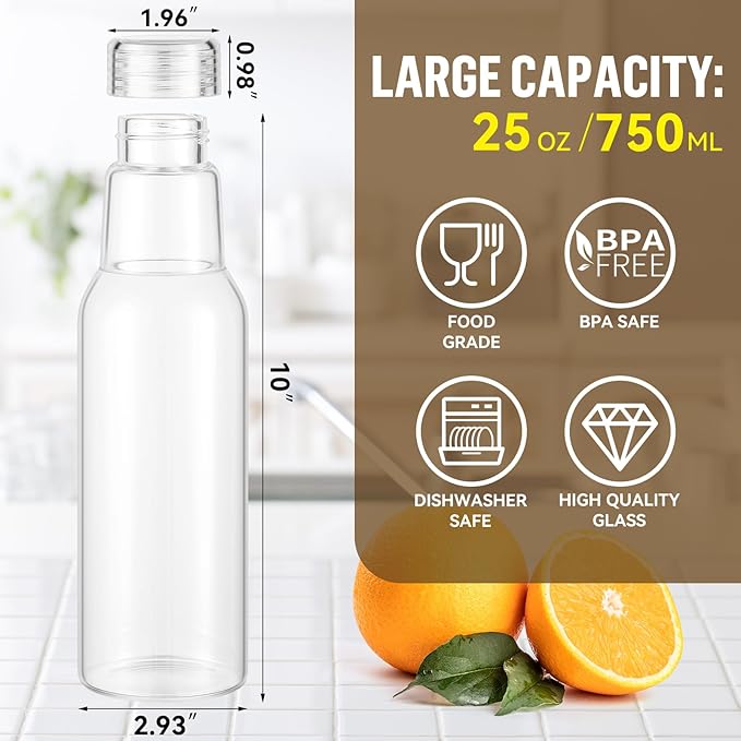 25 Oz Glass Bottles with Lids, Glass Juice Bottles, Smoothies, Water, Milks, Beverage Storage, Clear Glass Jars for Pickles, Food Storage (4 Pack)