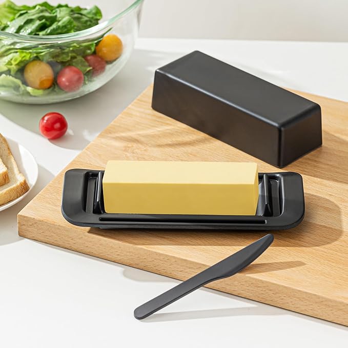 Butter Dish with Lid for Countertop, Butter Dish with Knife, Butter Keeper for Kitchen or Fridge, Bamboo Fiber Butter Tray, Butter Holder for 1 Stick Butter, BPA-free, Dishwasher Safe(Black)