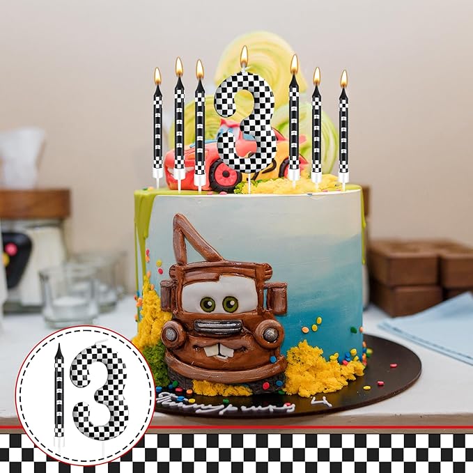 13 Pcs Racing Cars Themed Birthday Candles Black and White Race Number 3 Checkered Candle Cake Topper for Racing Car Party Decoration Supplies (Number 3)
