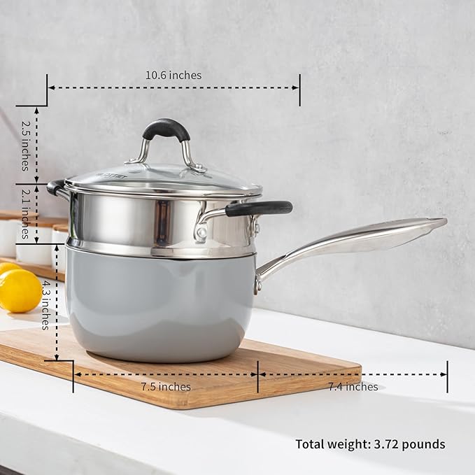 Ceramic Nonstick Tri-Ply Stainless Steel Sauce Pan with Steamer,2.5 Quart Small Multipurpose Pot with Pour Spout,Strainer Glass Lid, 2qt Saucepan for Cooking with Stay-cool Handle,Grey