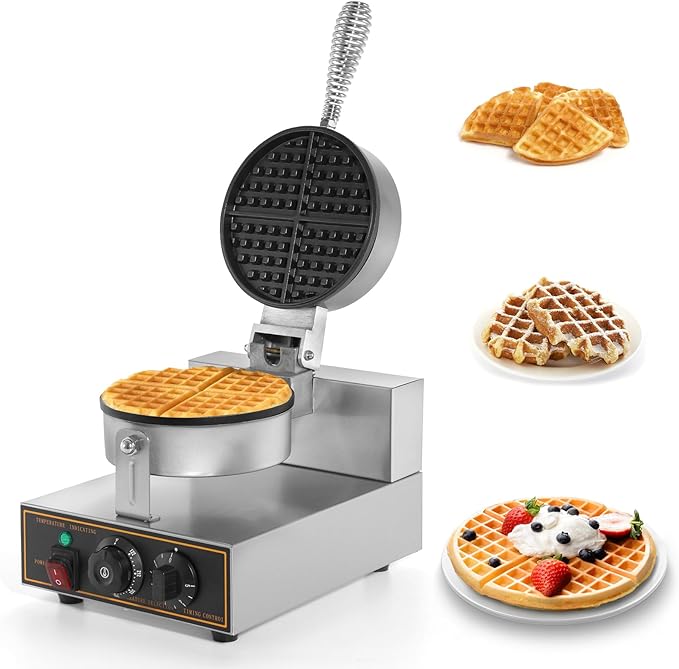 Dyna-Living Waffle Maker Commercial Waffle Iron Machine, 1200W Non-stick Round Commercial Waffle Maker for Restaurant, Food-grade Stainless Steel Large Commercial Waffle Iron