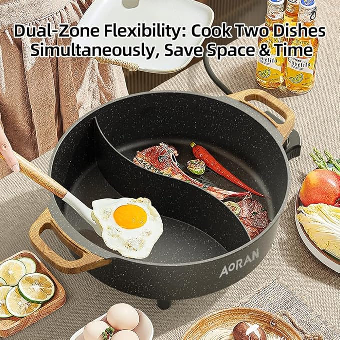 AORAN Electric Hot Pot with Divider, 1350W 8L Nonstick Smokeless Cooker for Shabu Shabu & Fondue, Multi-Function Cookware with Soup Ladle, Strainer, Includes Tongs - Easy to Clean, Black