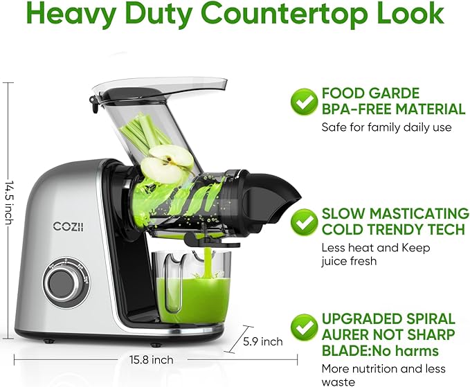 COZII Cold Press Juicer Extractor, Slow Masticating Juicer Soft/hard Mode, 3.6" Large Feed Chute For Vegetable and Fruit, Easy to Clean, Quiet Motor, High Juice Yield, Dishwasher Safe