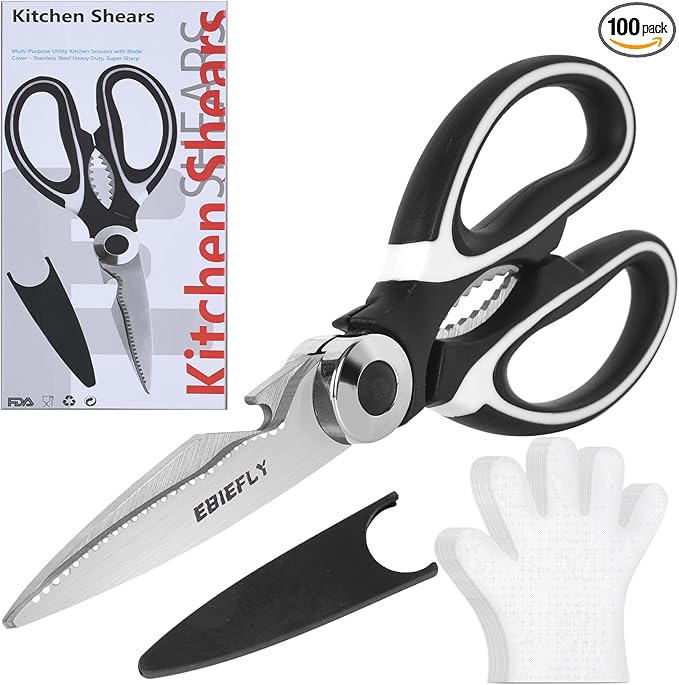 Kitchen Scissors Utility Chopping Scissor Professional Shears for Meat Cutting Sharp Kitchenad Shears Multipurpose Scissor for Food Outdoor BBQ No Rust + 100 Pcs Plastic Gloves Disposable