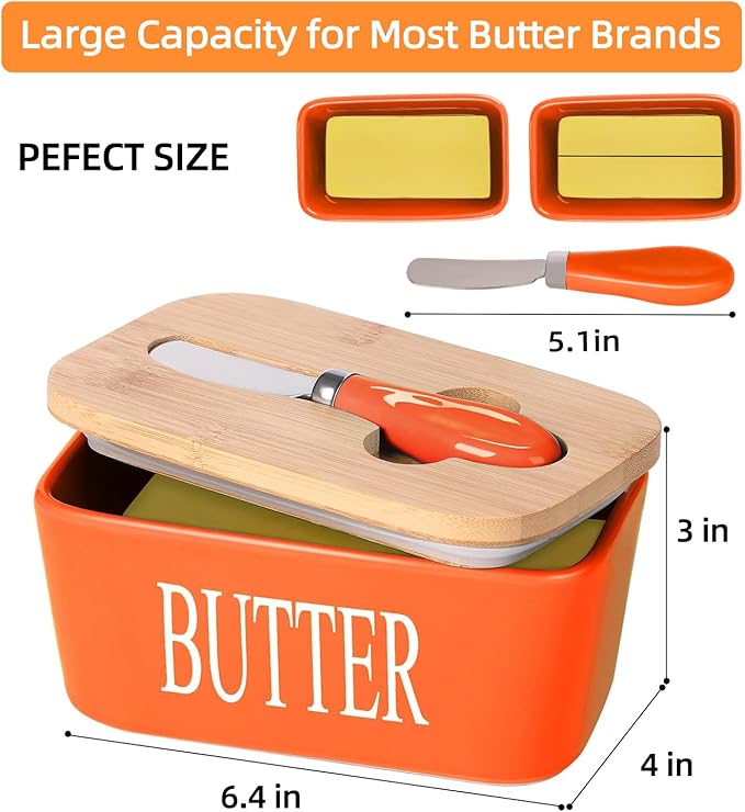 Ceramic Butter Dish with Wooden Lid, Large Butters Container Keeper Storage with Stainless Steel Knife Spreader, Bamboo Cover and Silicone Sealing Ring for West East Coast, Orange