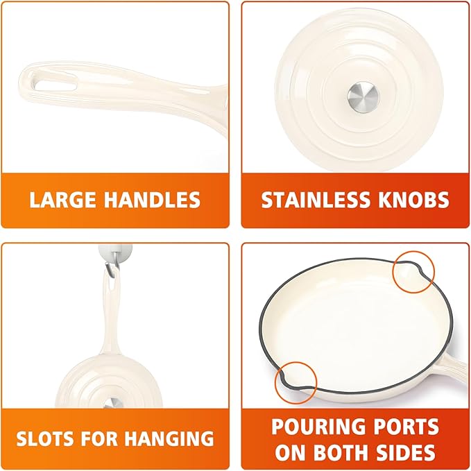 Hisencn Enameled Cast Iron Cookware Set - 7-Piece Ceramic Coated Cast Iron Cookware Set, Dutch Ovens, Sauce Pan, Skillet, 3 Lids, Heavy Duty Cookware, Gas/Induction Compatible, PFA Free, Cream White