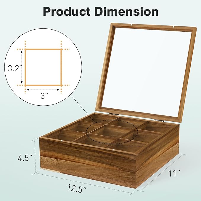 Acacia Wood Tea Bag Organizer Tea Storage Box with Clear Acrylic Top Window & 9 Compartments Tea Bag Holder for Home Office Gift (Acacia)
