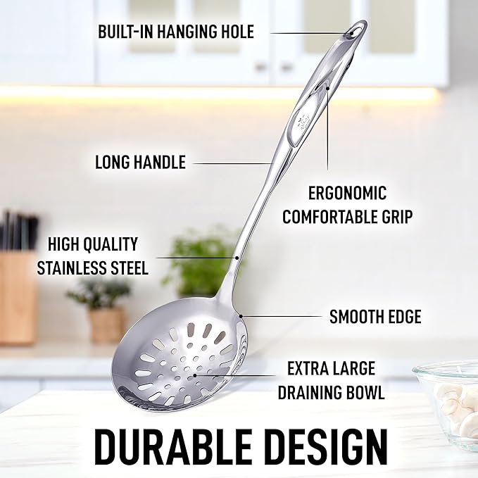 Zulay Kitchen Stainless Steel Slotted Serving Spoon - Large Frying Spoon Skimmer - Durable Utensil with Ergonomic, Easy to Use Handle - Easy to Clean, Perfect for at Home Cooks & Chefs - 14.5”