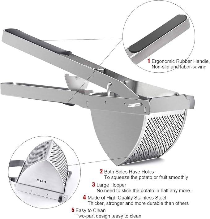 LHS Stainless Steel Potato Ricer and Masher, Heavy Duty Commercial Food Masher, Ergonomic Comfort Grip, Extra Large Capacity, Dishwasher Safe (Black)