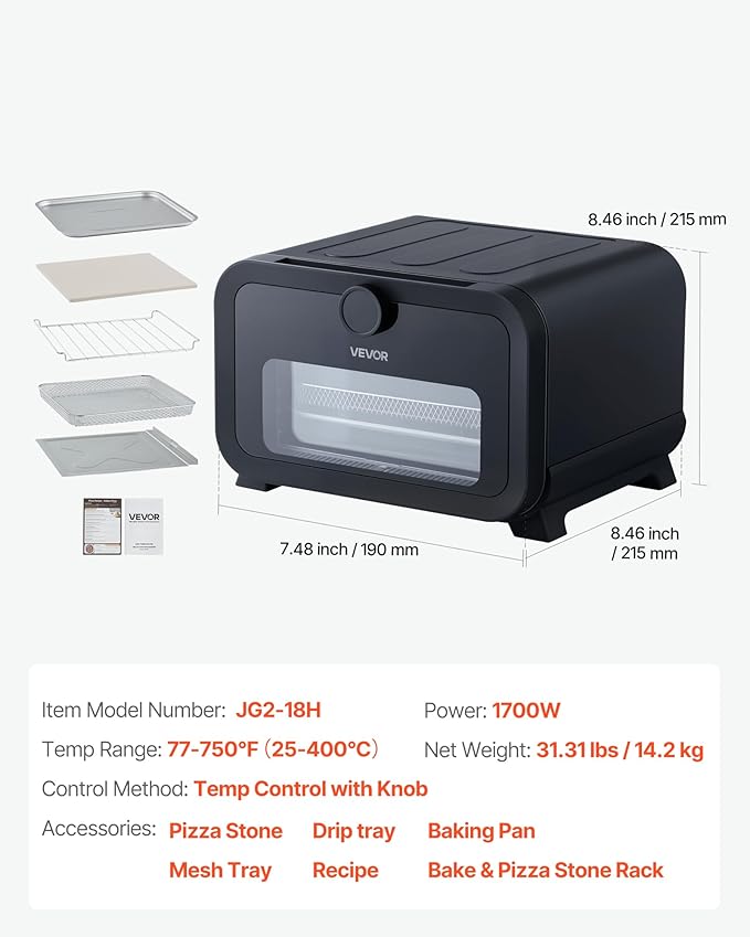 VEVOR Pizza Oven, 8 Presets Electric Pizza Ovens Air Fry Combo, 12-Inch Indoor Pizza Maker Smart Knob Control, 750°F Max Temp, IPX4 Waterproof Countertop Pizza Cooker w/Pizza Stone,Fry Basket