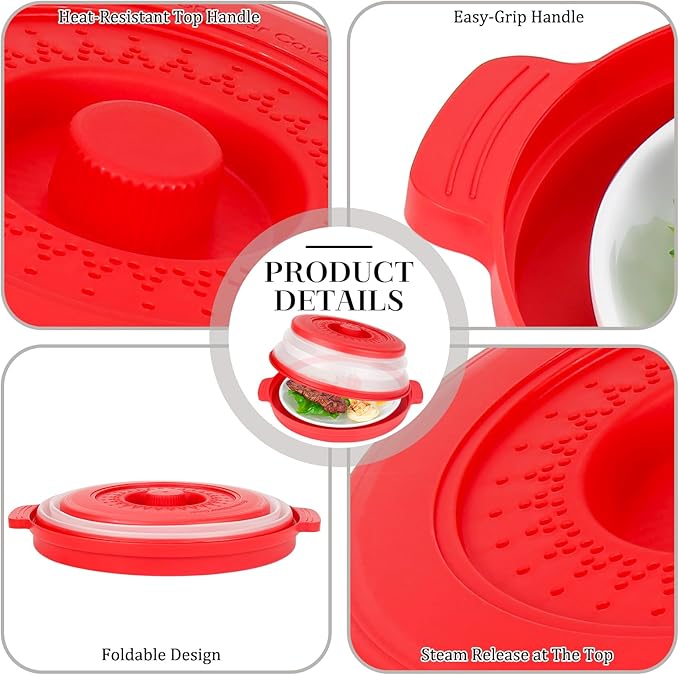 10.7 Inch Microwave Food Cover with Heat Insulation Mat, Anti-Scald Collapsible Microwave Splatter Cover, Multi-Functional as Colander & Fruit Plate, Dishwasher Safe, Ideal for Meal Prep (Red)