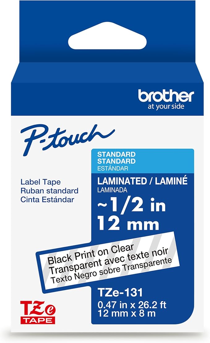 Brother Genuine P-Touch TZE-131 Tape, 1/2" (0.47") Standard Laminated P-Touch Tape, Black on Clear, Perfect for Indoor or Outdoor Use, Water Resistant, 26.2 Feet (8M), Single-Pack, TZe131