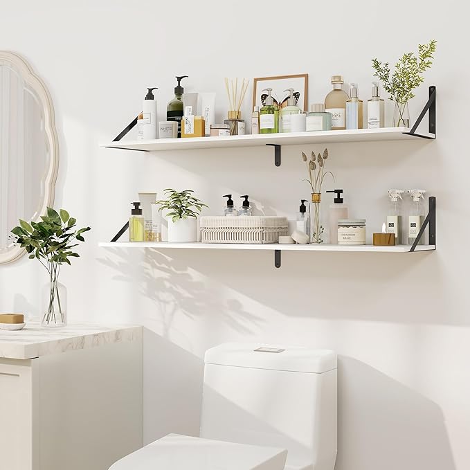 Heimlove White Deep Floating Shelves for Wall, 40W x 8D Wood Wall Shelves Set of 2, Wide Floating Bookshelf for Living Room, Kitchen, Office, Bedroom and Decor Storage, with Black Bracket - White