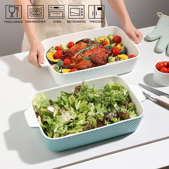 Sweejar Ceramic 13 x 9 Baking Pan, Cake Baking Dish for Brownie, Porcelain Striped Casserole Dishes for Oven with Handle for Lasagna, Family Dinner(White)