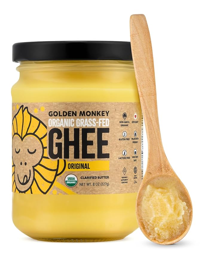 GOLDEN MONKEY Organic Ghee Butter – Grass Fed Clarified Butter for Cooking, Baking, Keto & Gut Health – Ghee Butter Organic Grass Fed from Small Farms – Smooth Spread with High Smoke Point (8oz)