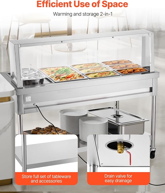 VEVOR Commercial Food Warmer, 7 Pans + 2 Pots Electric Steam Table, 1800W Professional Buffet Catering Food Warmer with Shield Undershelf Wheels, Stainless Steel Server for Party Restaurant Hotel