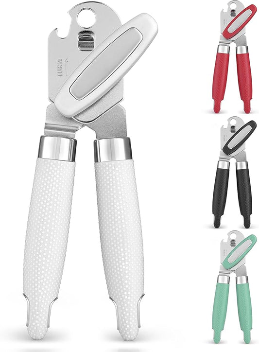 Zulay Kitchen Heavy Duty Stainless Steel Can Opener Manual with Large Bottle Opener - Manual Can Opener with Turn Knob with Soft Grip Handles - White