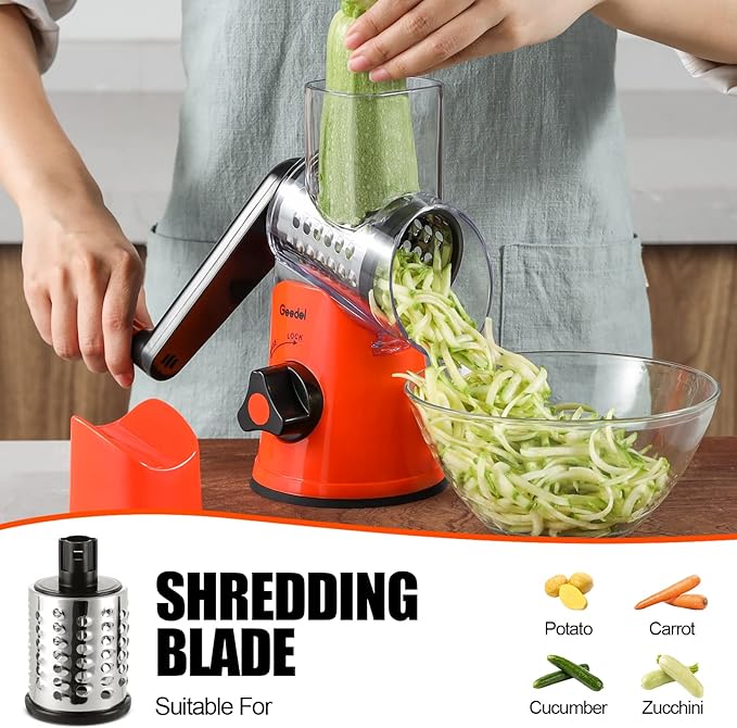 Geedel Rotary Cheese Grater, Kitchen Mandoline Vegetable Slicer with 3 Interchangeable Blades, Easy to Clean Rotary Grater Slicer for Fruit, Vegetables, Nuts