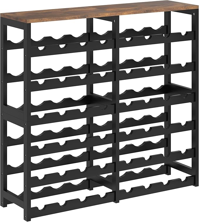 6 Tier Bamboo Wine Rack with Table Top, Freestanding 48-Bottle Wine Storage Shelf, Wine Display for Kitchen, Bar, Dining Room, Living Room, Rustic Brown and Black