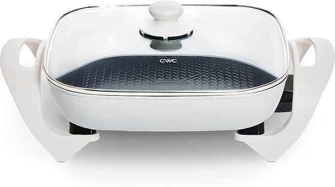 COOK WITH COLOR Electric Skillet - 12" x 12" Ceramic Nonstick Pan, PFAS-Free, 1400W, Tempered Glass Lid, Variable Temperature, Removable Heating Probe, Cool-Touch Handles, Cream