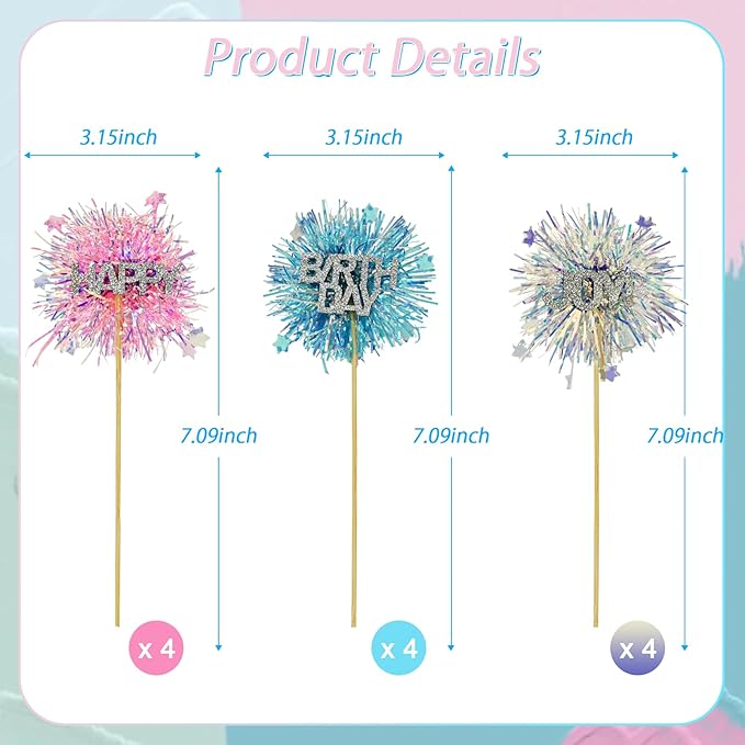 LOLStar 12 Pcs Happy Birthday Cake Toppers, Foil Firework Cupcake Toppers Blue Pink Sparkle Tinsel Drink Stirrers Cake Party Decoration, Cocktail Food Fruit Toothpick for Holiday Photo Booth Props