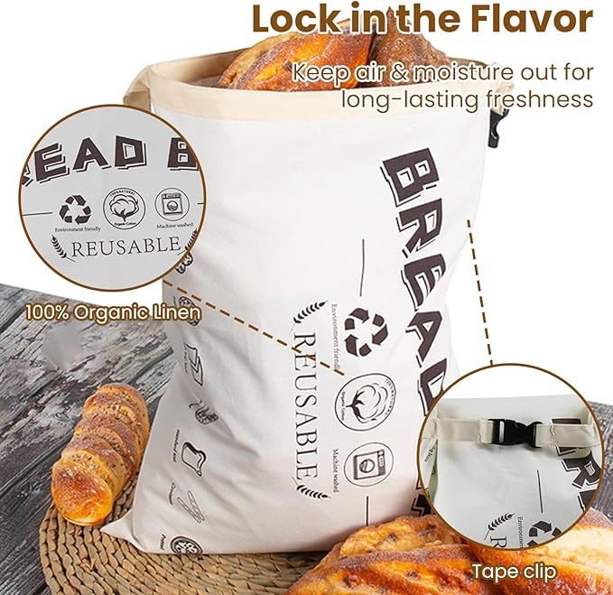 2-Pack Bread Bags, Reusable Bread Bags for Homemade Bread, Buckle Closure,Fresh Keeping Extra Large Bags, Food Bag (White)