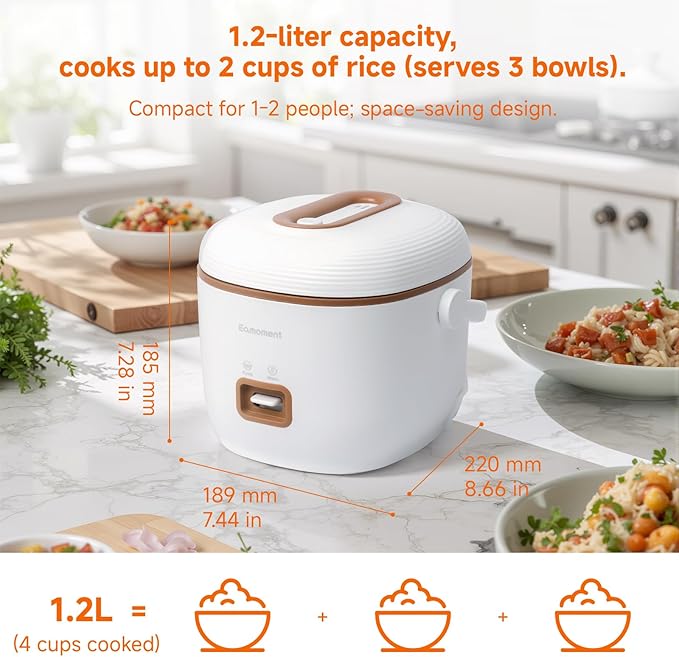 Brown Mini Rice Cooker Small 1 Cup-2 Cup Non-Stick Coated Insert Food Steamer Kitchen Appliances Includes Vegetable Steamer