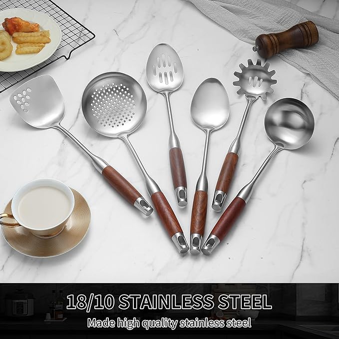 Stainless Steel Kitchen Utensils Set with Wood Handle, 18/10 Metal Cooking Utensils Set, 6-Piece - Spatula, Spoon, Ladle, Skimmer, Slotted Spoon, Pasta Server (Dishwasher Safe)
