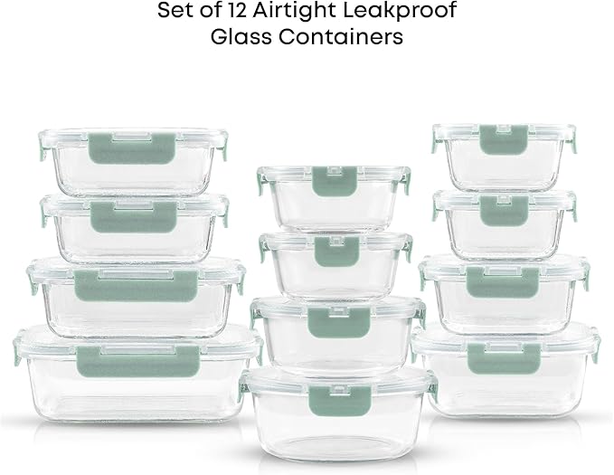JoyJolt 24pc Borosilicate Glass Storage Containers with Lids | 12 Airtight/Freezer Safe Food Storage Containers for Pantry and Kitchen | Meal Prep Container for Lunch | Glass meal Set