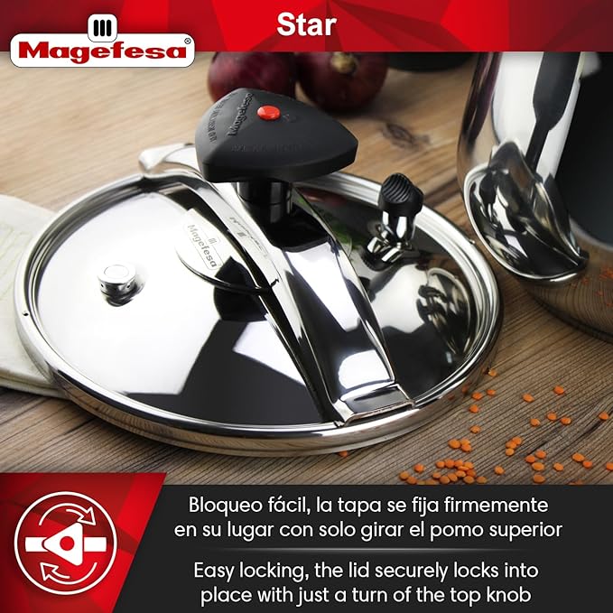MAGEFESA Star Pressure Cooker, 14.8-Quart, 18/10 Stainless Steel, Works on All Stovetops (Induction Compatible), Safety Lock & 8 PSI Cooking