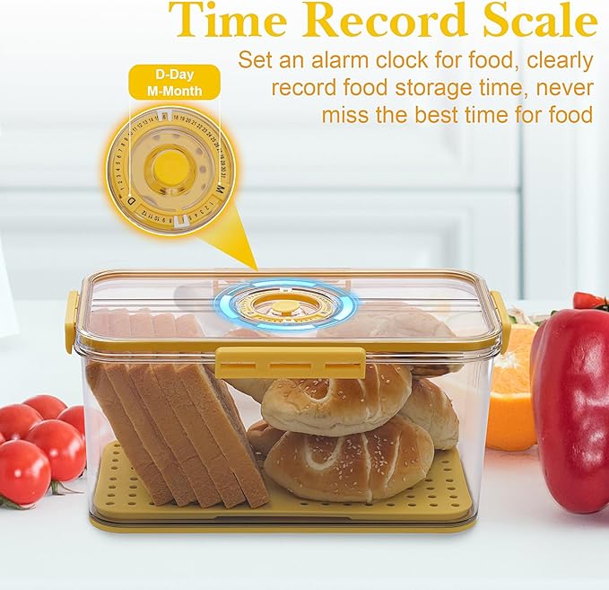Bread Box for Homemade Bread Boxes for Kitchen Counter Airtight, Time Recording Bread Storage Container with Lid, Bread Containers Storage Airtight Loaf Bread Keeper, Large, Yellow