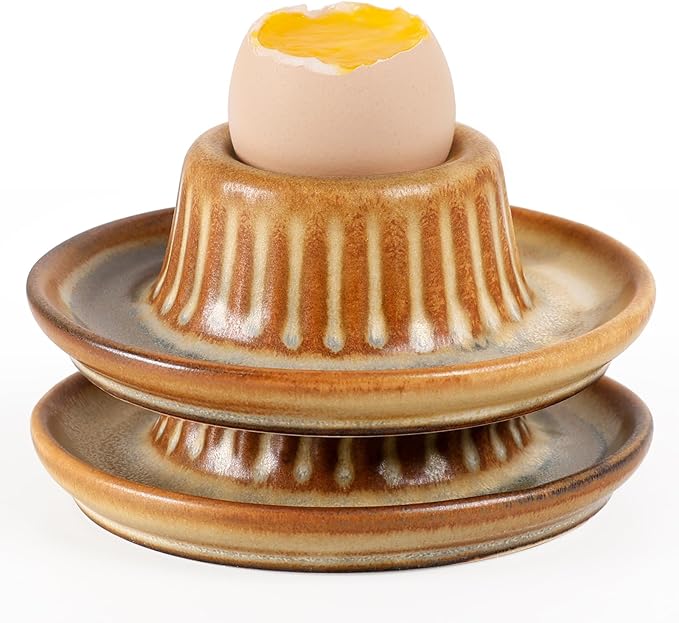 INGOFIN 2 Pcs Ceramic Egg Cups, Soft Boiled Egg Holders Set, Classic Porcelain Stackable, Easy to Clean Tray, Decorative Serving Dish for Breakfast, Easter or Kitchen, Brown