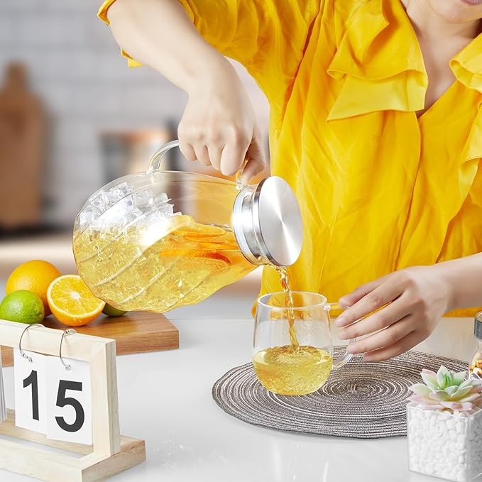 DRASTAR Glass Pitcher with Lid, 2.2L Water Pitcher, 74oz Tea Pitcher for Drinks, Borosilicate Glass Water Jug Cold Or Hot Beverages, Lemonade Pitcher, Glass Water Carafe With Lid