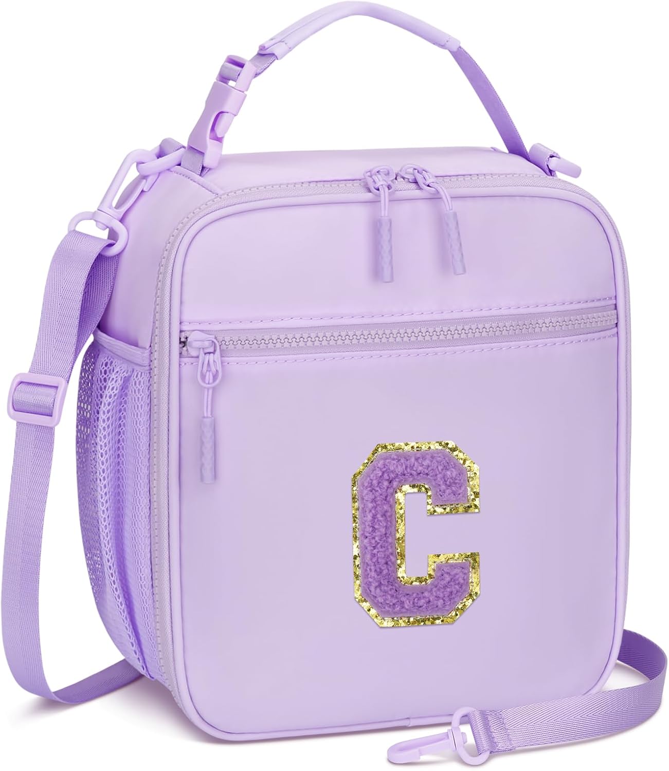 Initial Insulated Lunch Bag for Girls Kids, Back to School Gift, Reusable Leak-proof Lunch Box with Adjustable Strap for School Daycare Travel Picnic (Purple,C)