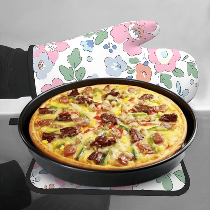 Pink Floral Oven Mitts and Pot Holder Set of 2 Watercolor Flower Heat Resistant BBQ Gloves Hot Pads for Kitchen Baking Cooking Microwave