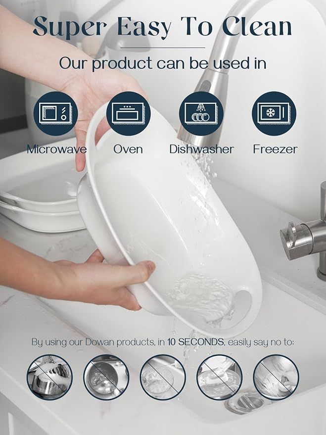 DOWAN Large Serving Bowls with Handles, 60 OZ Oval Serving Platter for Turkey, Fruit Salad Serving Dishes for Entertaining, Porcelain Pasta Bowls for Mother's Day, Parties, Set of 2, Soft White