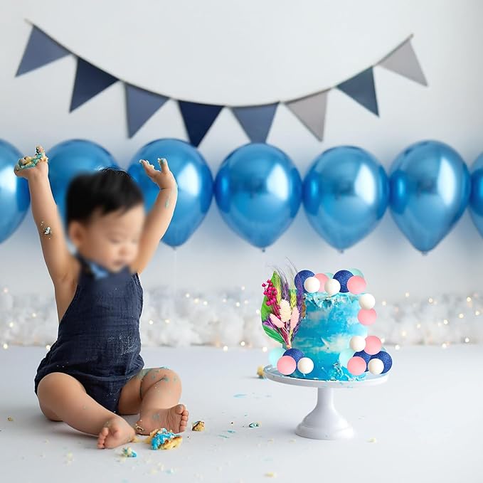 Gyufise 21 Pack Flower Boho Cake Topper Ball Cake Decorations Palm Leaves Plants Cake Decor for Girl Bohemian Princess Theme Wedding Baby Shower Birthday Party Supplies Blue Pink