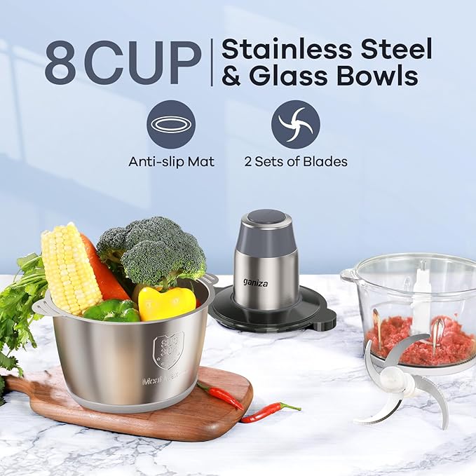 GANIZA Food Processors, Electric Chopper with Meat Grinder & Veggie Chopper - 2 Bowls with Powerful Copper Motor - Includes 2 Sets of Bi-Level Blades for Baby Food/Meat (Grey, 8 Cup+8 Cup)