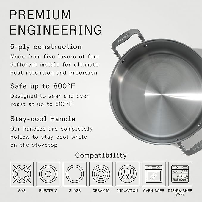 Made In Cookware - 12 Quart Stainless Steel Stock Pot With Lid - 5 Ply Stainless Clad - Professional Cookware - Crafted in Italy - Induction Compatible