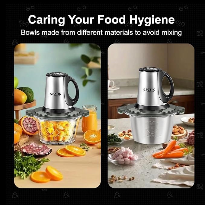 Food Processor, 3-Speed Electric Food Chopper with Vegetable Chopper & Meat Grinder - 2 Bowls (8 Cup Stainless Steel+8 Cup Glass), 300W, 2 Sets of 4 Bi-Level Blades for Vegetable/Fruits/Meat