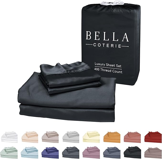 Bella Coterie Luxury Bamboo Viscose Queen Size Sheet Set | 100% Organically Grown | Ultra Soft | Cooling for Hot Sleepers | 18" Deep Pocket [Black]