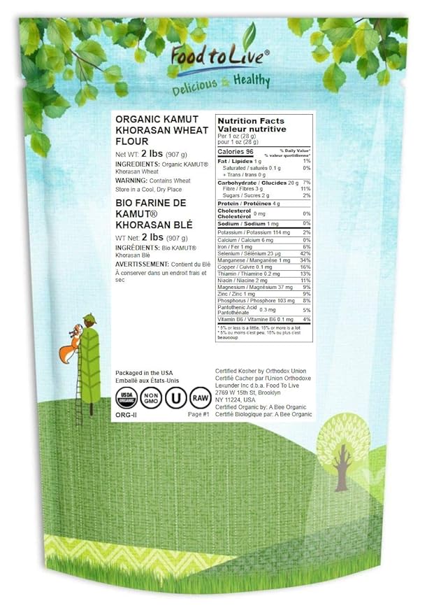 Food to Live Organic KAMUT Khorasan Wheat Flour, 2 Pounds – Stone Ground Powder, 100% Whole Grain Meal, Non-GMO, Kosher, Bulk