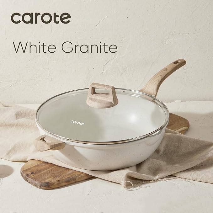 CAROTE 12.5Inch Nonstick Deep Frying Pan with Lid, 6.5 Qt Jumbo Cooker Saute Pan with Pour Spout, Skillet Induction Cookware, Non Stick Cooking Pan Kitchen Pan PFOA Free, White Granite