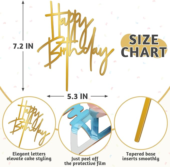 1PCS Gold Birthday Cake Topper, 5.3 x 7.2 Inches Acrylic Happy Birthday Cake Sign, Glitter Mirror Cake Topper Decorations for Anniversary, Bridal Shower, Birthday Party Supplies