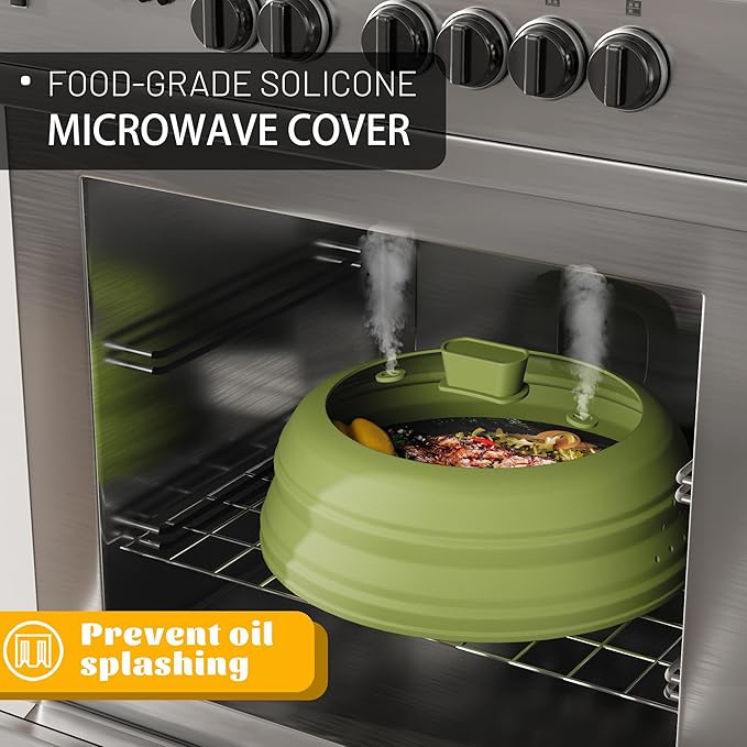 Microwave Splatter Cover, Vented Silicone and Glass Cover Splatter Guard Lid, Food Collapsible Plate Cover Lid with Easy Grip Handle. (Green, 10.8 inch)