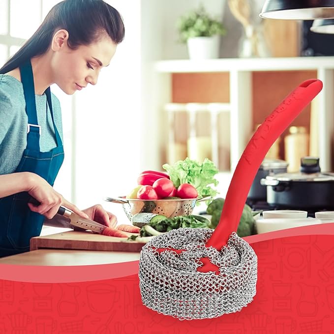 Cast Iron Chainmail Scrubber with Handle （ABS） - Cleaner for Pans and Pots - Premium Stainless Steel/Silicone Scraper for Skillets - Ergonomic Food-Safe Design - Easy to Clean Cookware Dish Brush