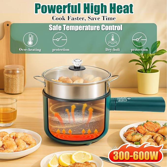 Hot Pot Electric with Steamer,6 Smart Modes, 1.8L Ramen Cooker, Portable Cooker, Non-Stick Frying Pan, Sauté Pan, Electric Pot for Pasta, Egg, Steak, BPA Free, College Dorm Room Essential