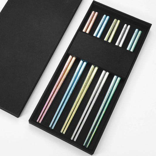 Pure Titanium Chopsticks Reusable Ice Flower design Multicolor Chop sticks 5 Pairs Set Upscale Tableware Dishwasher Safe Light Durable Palillos Chinos as Gift