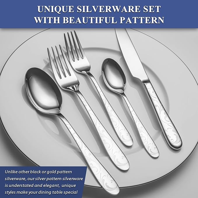 40 Piece Silverware Set Service for 8, EIUBUIE Premium Stainless Steel Cutlery Set, Mirror Polished Flatware Sets with Pattern Handle, Modern Kitchen Eating Utensils Sets Include Spoons Forks Knives